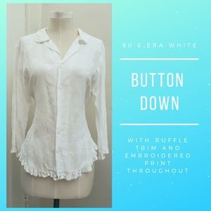 90's Era White Button Down with Ruffle Trim